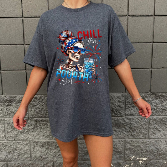 Chill The Fourth Out Skeleton T Shirt Funny 4th of July Patriotic Graphic Tee Unisex Cotton Shirt.jpg