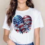American Flag Heart T Shirt Patriotic USA Graphic Tee Red White and Blue Unisex Cotton Shirt.jpg