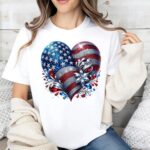 American Flag Heart T Shirt Patriotic USA Graphic Tee Red White and Blue Unisex Cotton Shirt.jpg