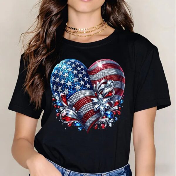 American Flag Heart T Shirt Patriotic USA Graphic Tee Red White and Blue Unisex Cotton Shirt.jpg