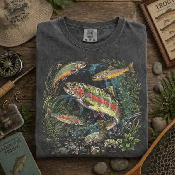 Comfort Colors Vintage Trout Fishing T Shirt Retro River Fish Graphic Tee Aesthetic Angler Nature Shirt Outdoorsman Gift.jpg