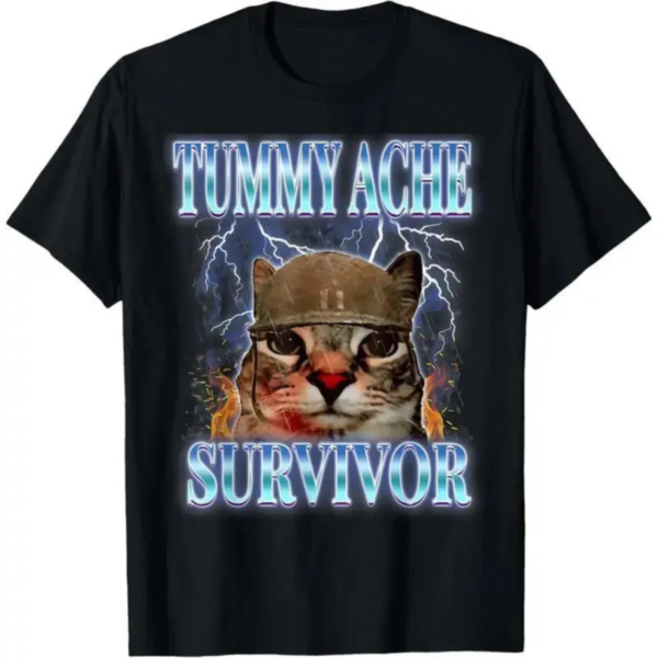 Tummy Ache Survivor Funny Cat T Shirt Vintage Meme Graphic Tee Unisex Cotton Shirt.png